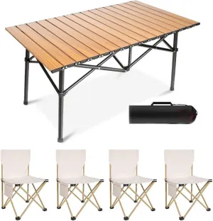 Folding Beach Picnic Tables Collapsible Backpack Lawn Chair Camping Folding Chair and Table Set with Roll up Carbon Steel Table Top for More People Party