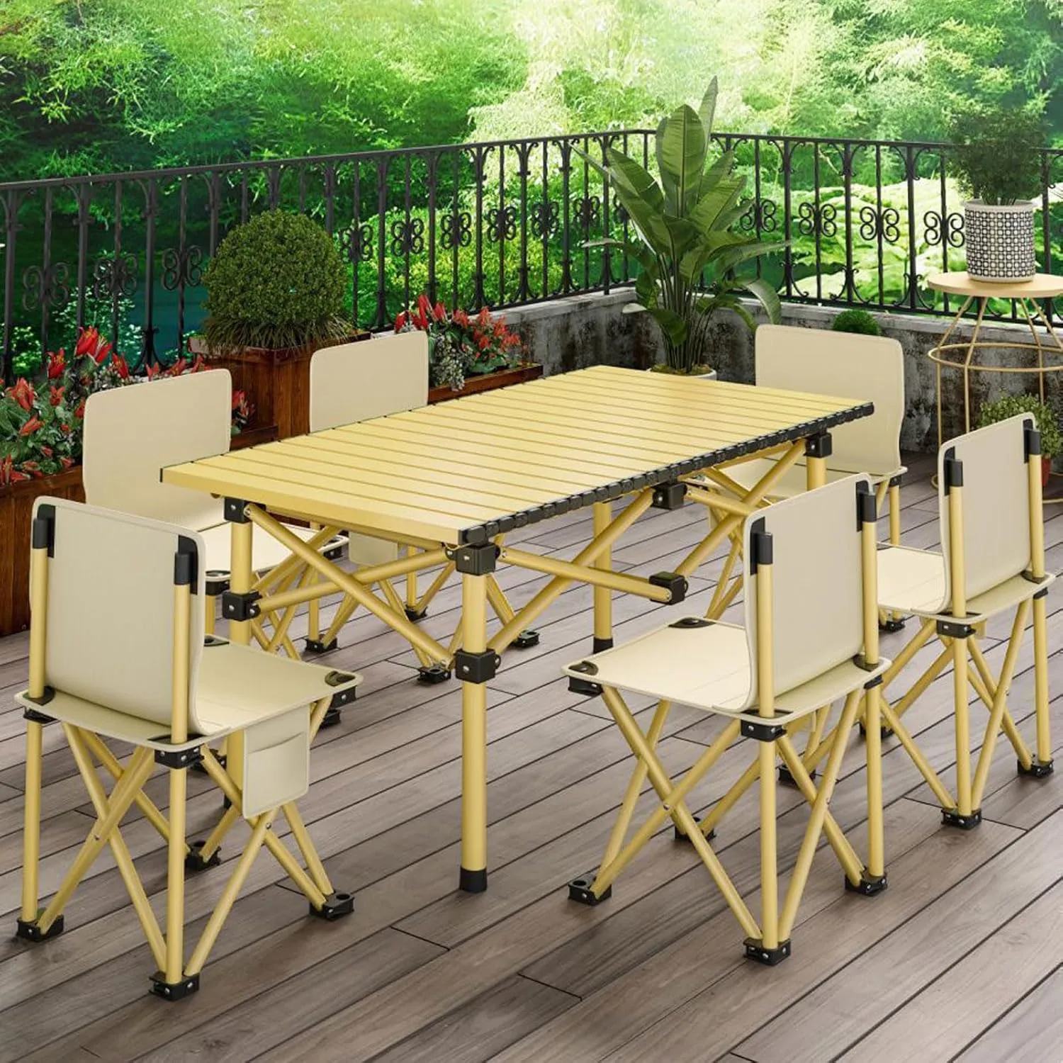 Folding Beach Picnic Tables Collapsible Backpack Lawn Chair Camping Folding Chair and Table Set with Roll up Carbon Steel Table Top for More People Party
