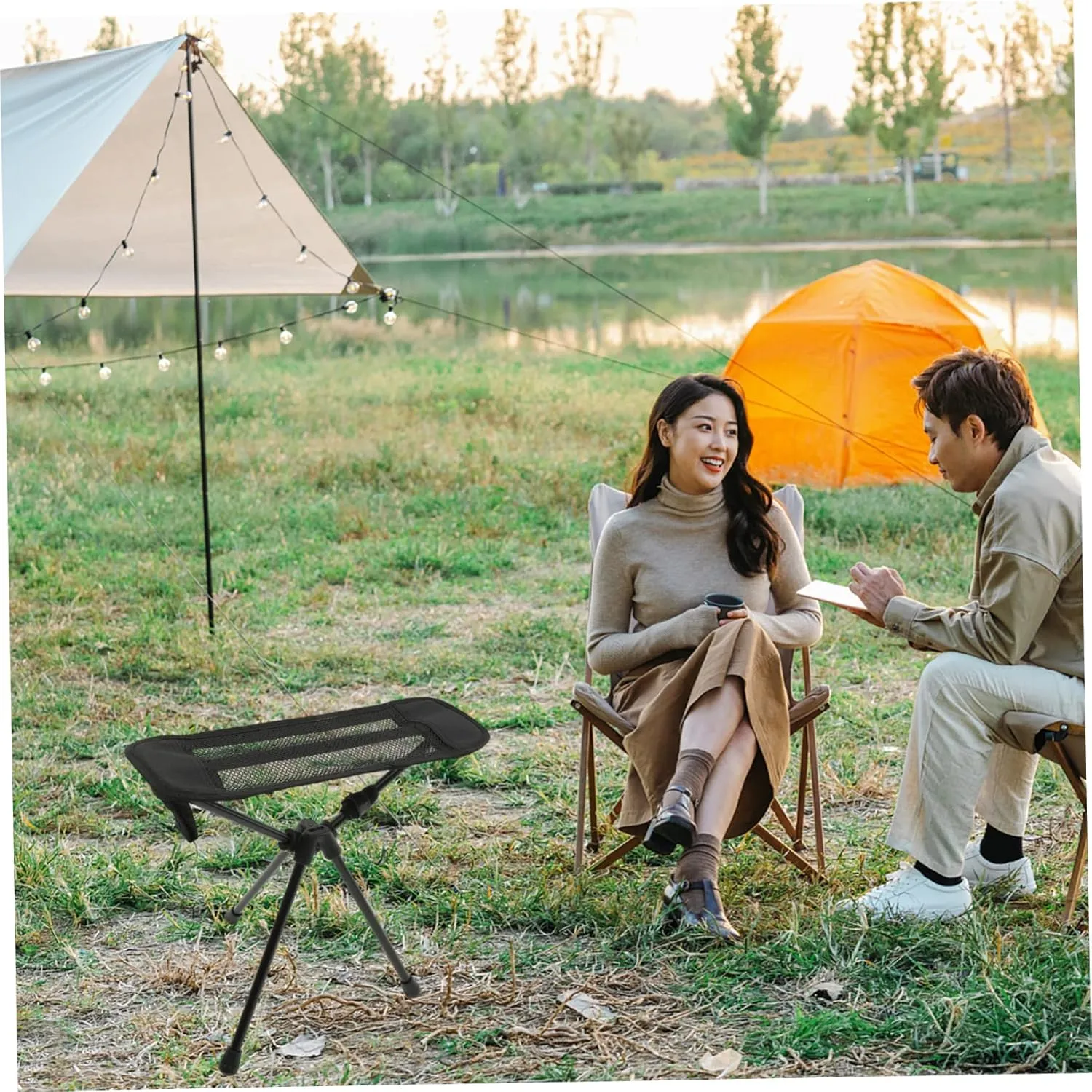 Folding Camp Chair Foot Stool Outdoor Portable Lightweight Chair Sturdy and Comfortable Suitable for Outdoor Activities Black