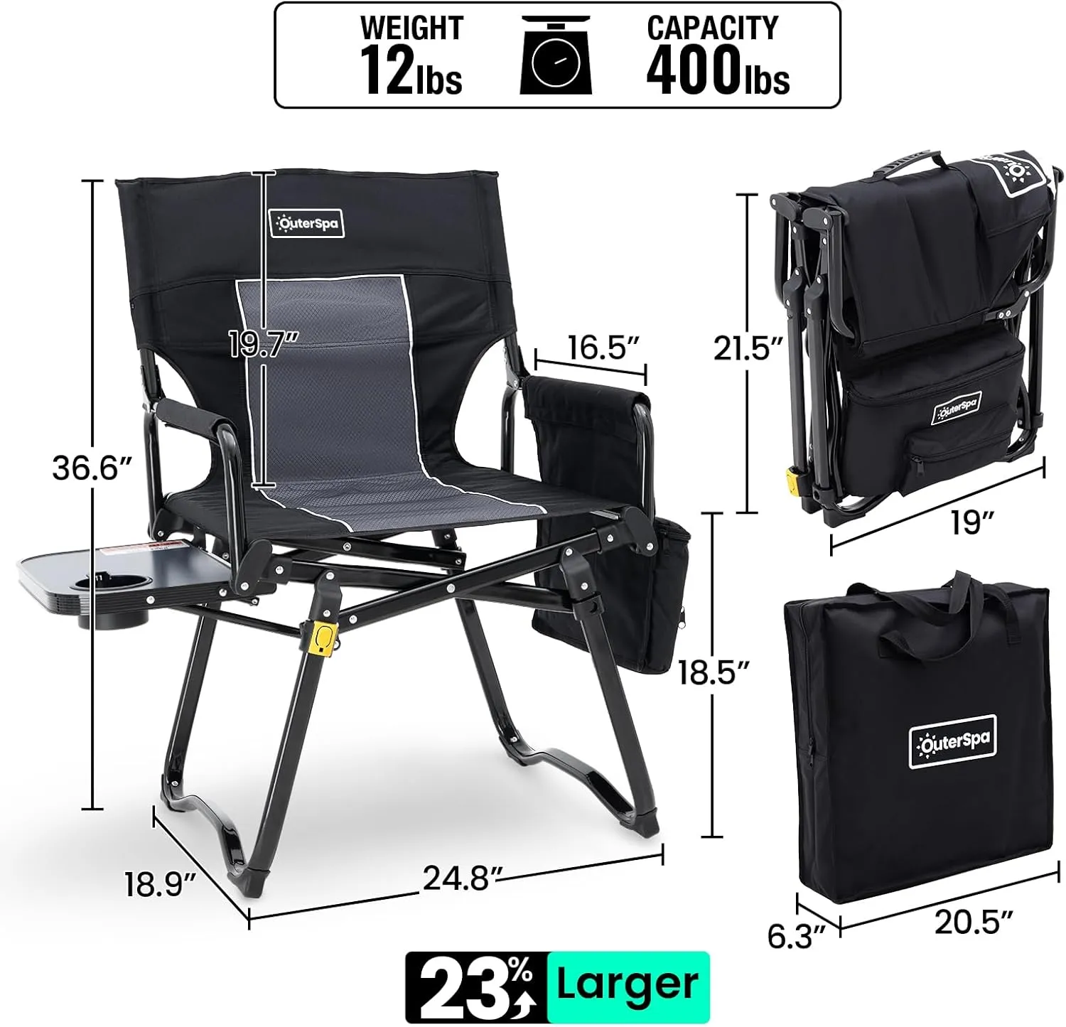 Folding Camping Chair for Adults with Table/Cooler Bag,Aluminium Lightweight Lawn Chair,Padded Directors Chair Folding Chair with Compact Size for Indoor,Beach,Camp,Lawn,Outdoor,Black
