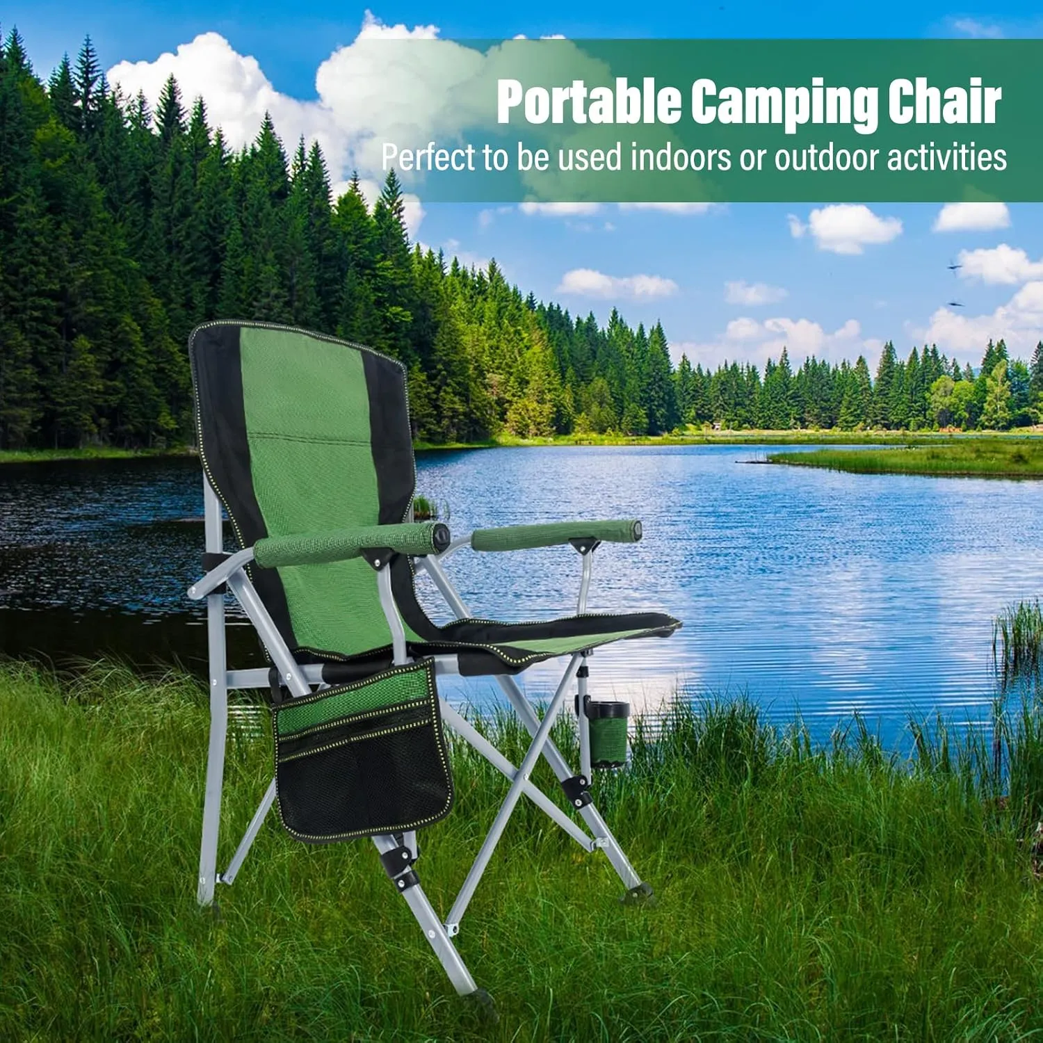 Folding Camping Chair Portable Outdoor Beach Chair, Heavy Duty Foldable Lawn chair Support 330lbs, Collapsible Lightweight Camp Chair with Cup Holder&Carry Bag for Fishing Outside Sports Picnic(Green)