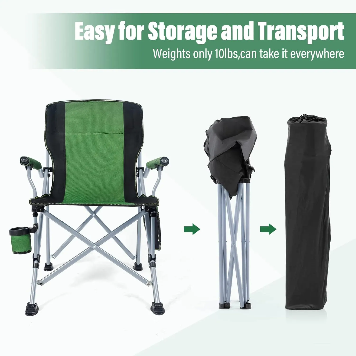 Folding Camping Chair Portable Outdoor Beach Chair, Heavy Duty Foldable Lawn chair Support 330lbs, Collapsible Lightweight Camp Chair with Cup Holder&Carry Bag for Fishing Outside Sports Picnic(Green)