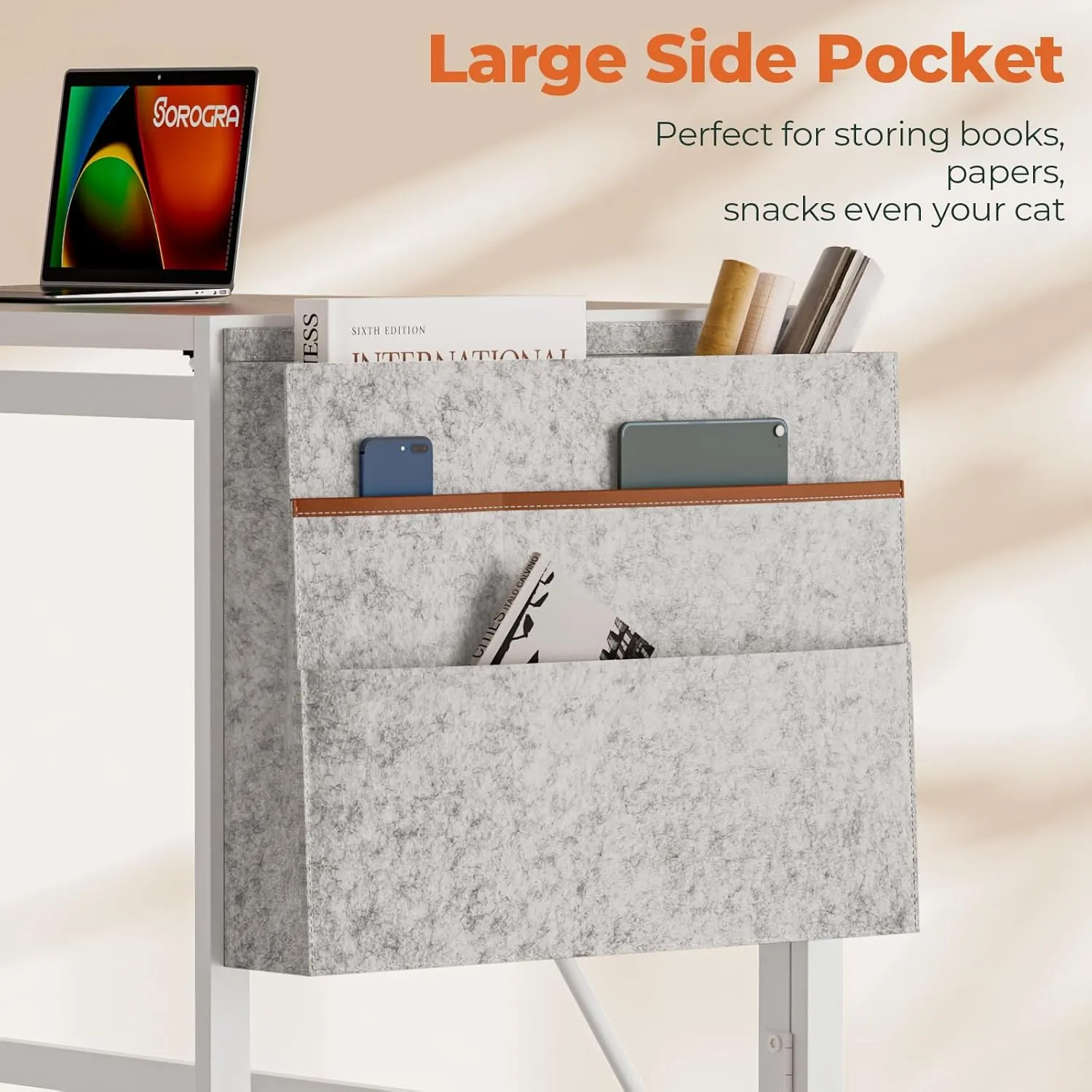 Folding Desk with Storage Pocket for Small Spaces, 39.4 Inch Foldable Desk with Headphone Hook for Bedroom Home Office, Portable Writing Table, Easy Assembly, White