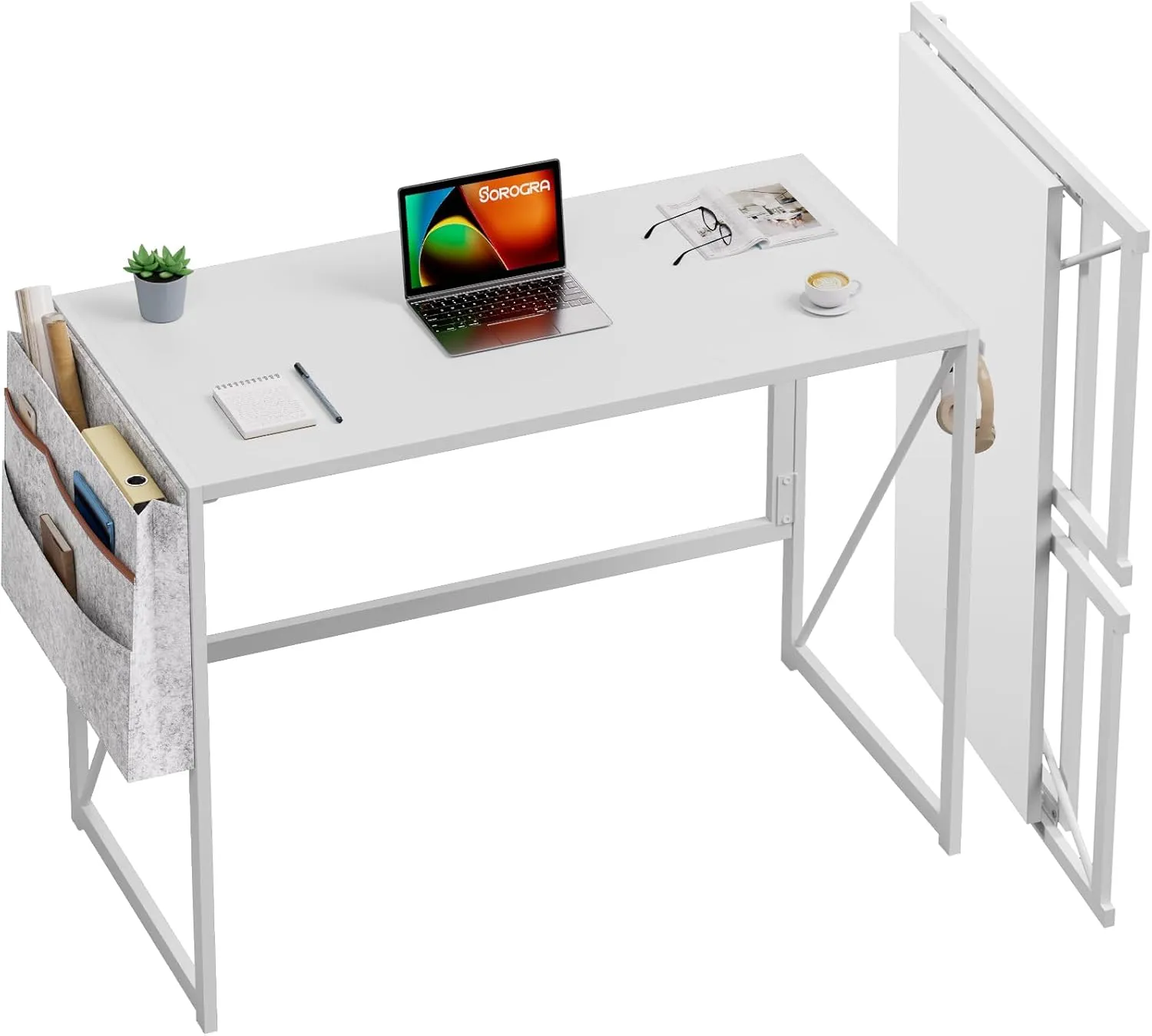 Folding Desk with Storage Pocket for Small Spaces, 39.4 Inch Foldable Desk with Headphone Hook for Bedroom Home Office, Portable Writing Table, Easy Assembly, White