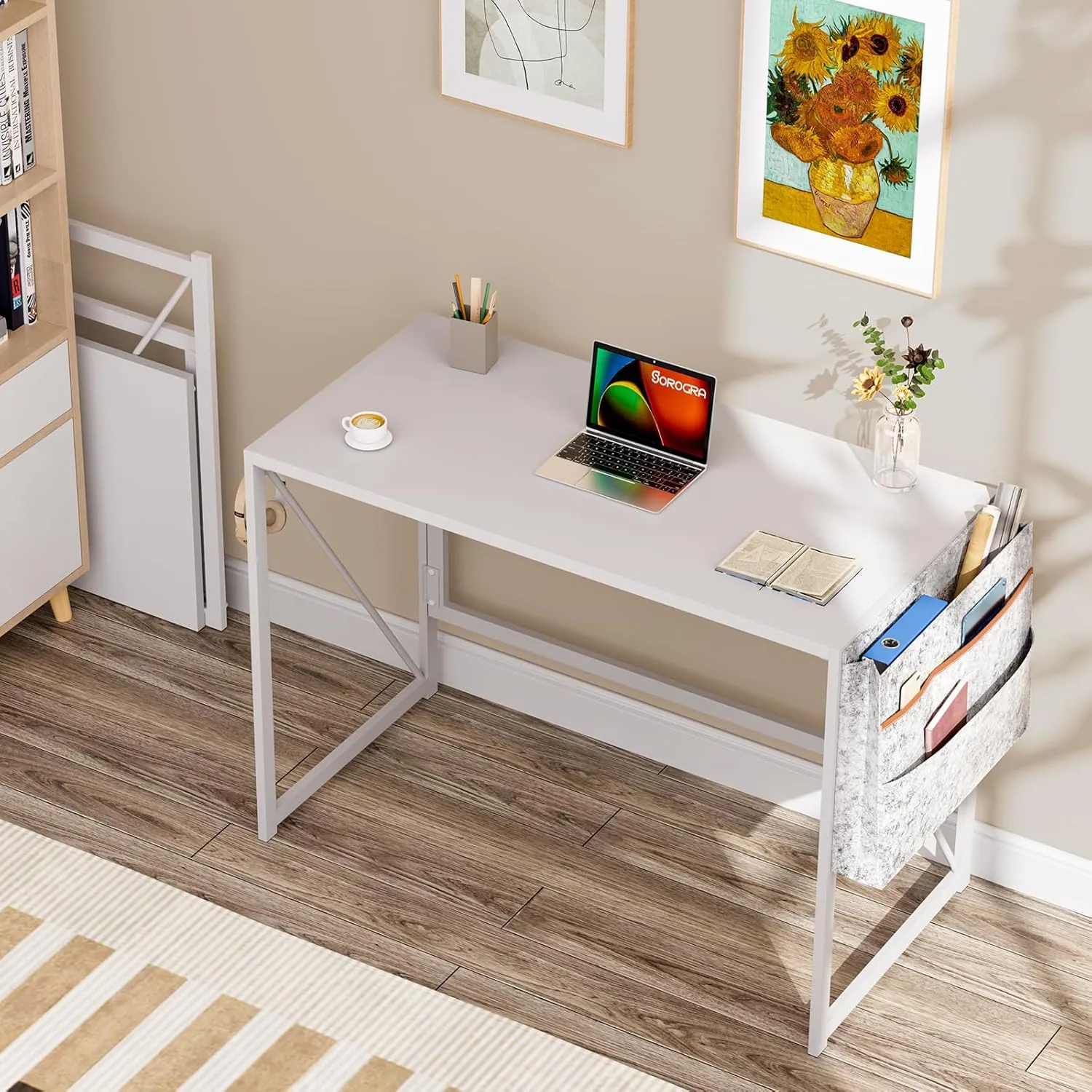 Folding Desk with Storage Pocket for Small Spaces, 39.4 Inch Foldable Desk with Headphone Hook for Bedroom Home Office, Portable Writing Table, Easy Assembly, White