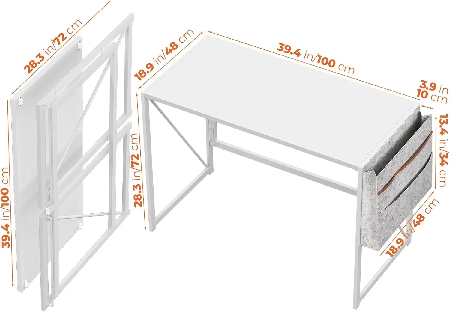 Folding Desk with Storage Pocket for Small Spaces, 39.4 Inch Foldable Desk with Headphone Hook for Bedroom Home Office, Portable Writing Table, Easy Assembly, White