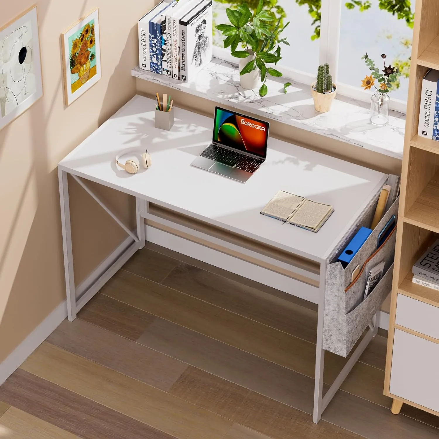 Folding Desk with Storage Pocket for Small Spaces, 39.4 Inch Foldable Desk with Headphone Hook for Bedroom Home Office, Portable Writing Table, Easy Assembly, White