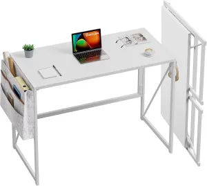 Folding Desk with Storage Pocket for Small Spaces, 39.4 Inch Foldable Desk with Headphone Hook for Bedroom Home Office, Portable Writing Table, Easy Assembly, White
