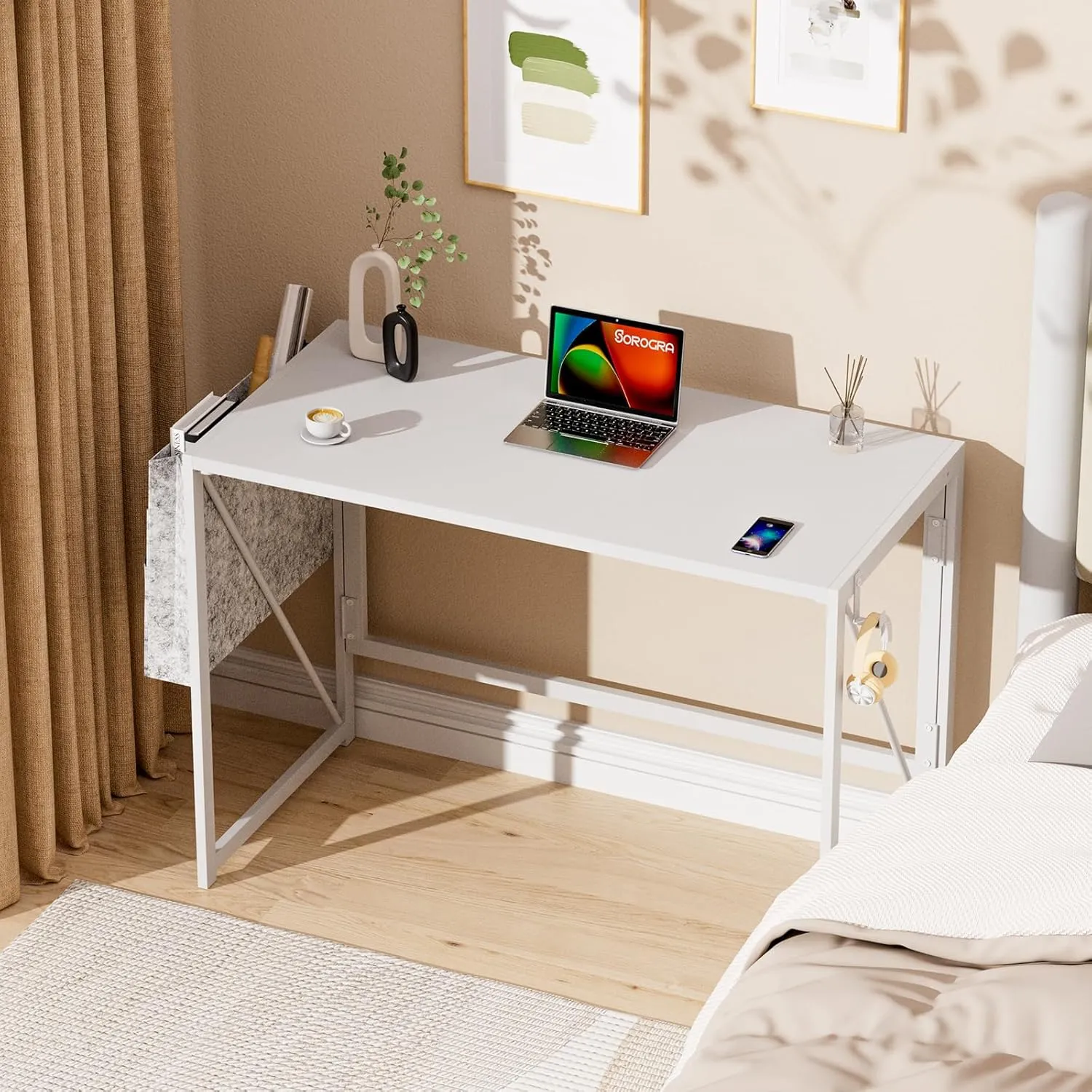 Folding Desk with Storage Pocket for Small Spaces, 39.4 Inch Foldable Desk with Headphone Hook for Bedroom Home Office, Portable Writing Table, Easy Assembly, White