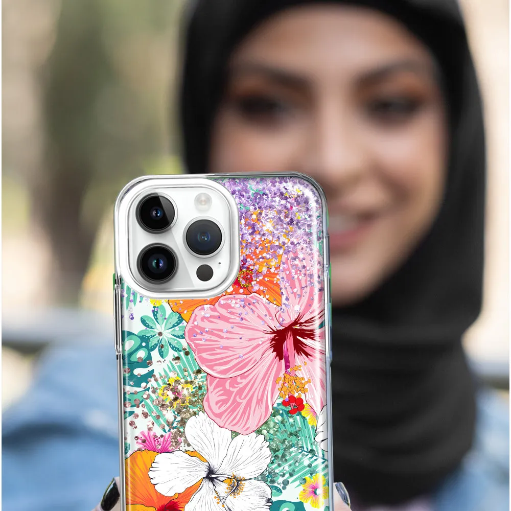 For Apple iPhone 14 Pro Max Hawaiian Vibes Hibiscus Flowers Monstera Vacation Summer Design Hybrid Protective Phone Case Cover