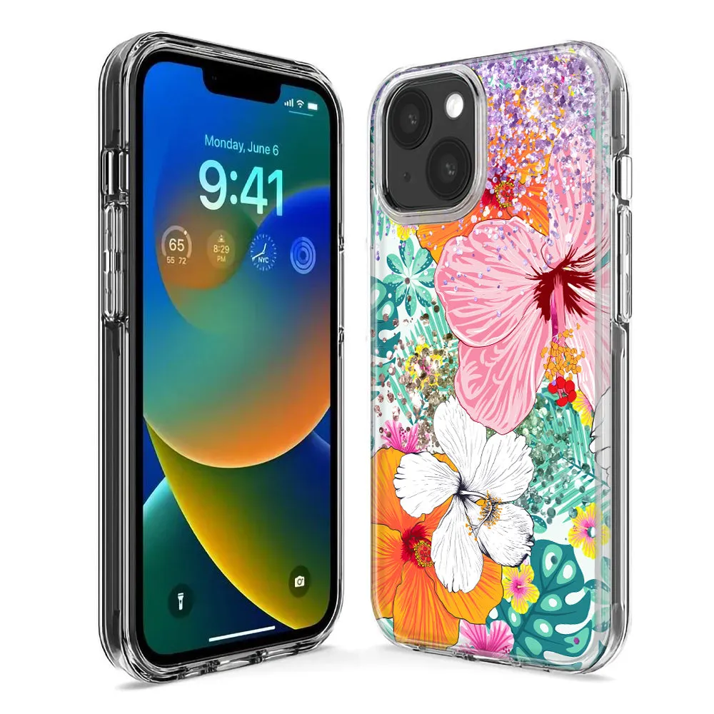 For Apple iPhone 14 Pro Max Hawaiian Vibes Hibiscus Flowers Monstera Vacation Summer Design Hybrid Protective Phone Case Cover