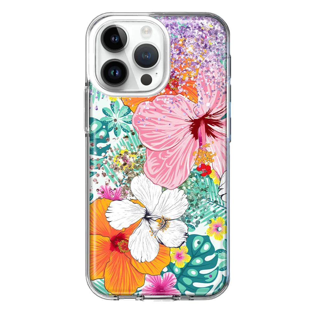 For Apple iPhone 14 Pro Max Hawaiian Vibes Hibiscus Flowers Monstera Vacation Summer Design Hybrid Protective Phone Case Cover