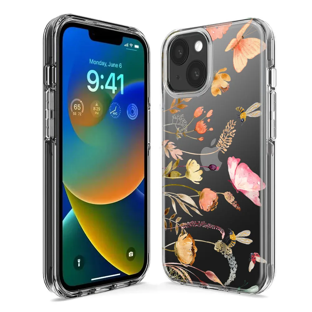 For Apple iPhone 14 Pro Max Peach Meadow Wildflowers Butterflies Bees Watercolor Floral Design Hybrid Protective Phone Case Cover