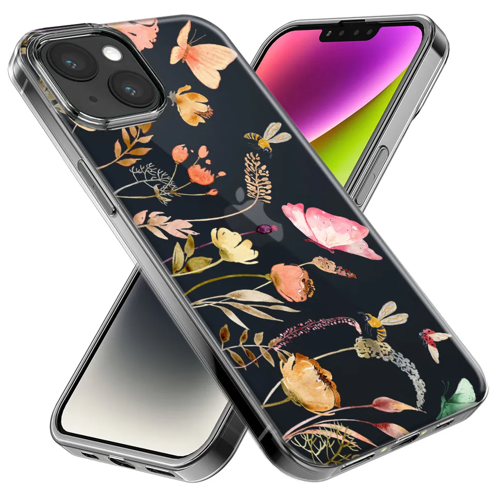 For Apple iPhone 14 Pro Max Peach Meadow Wildflowers Butterflies Bees Watercolor Floral Design Hybrid Protective Phone Case Cover