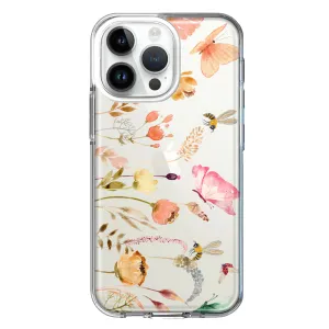 For Apple iPhone 14 Pro Max Peach Meadow Wildflowers Butterflies Bees Watercolor Floral Design Hybrid Protective Phone Case Cover