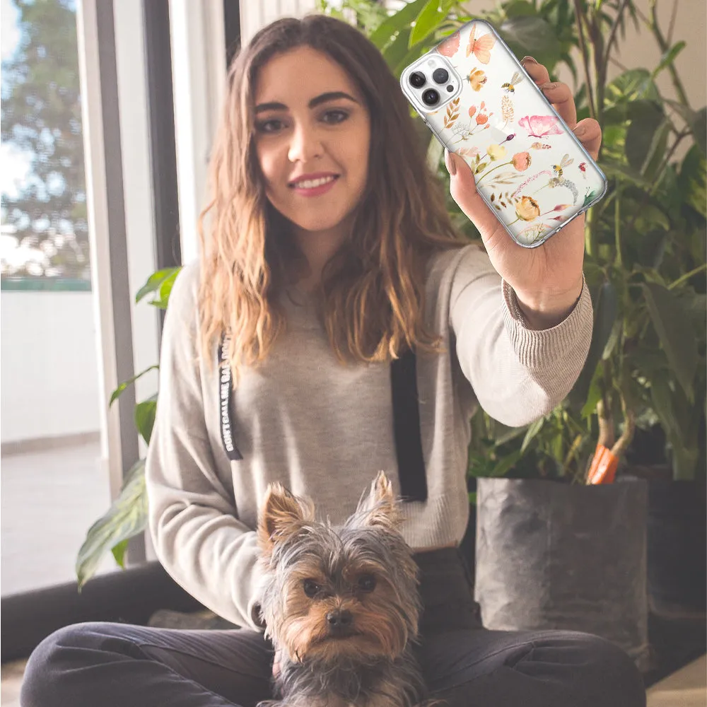 For Apple iPhone 14 Pro Max Peach Meadow Wildflowers Butterflies Bees Watercolor Floral Design Hybrid Protective Phone Case Cover