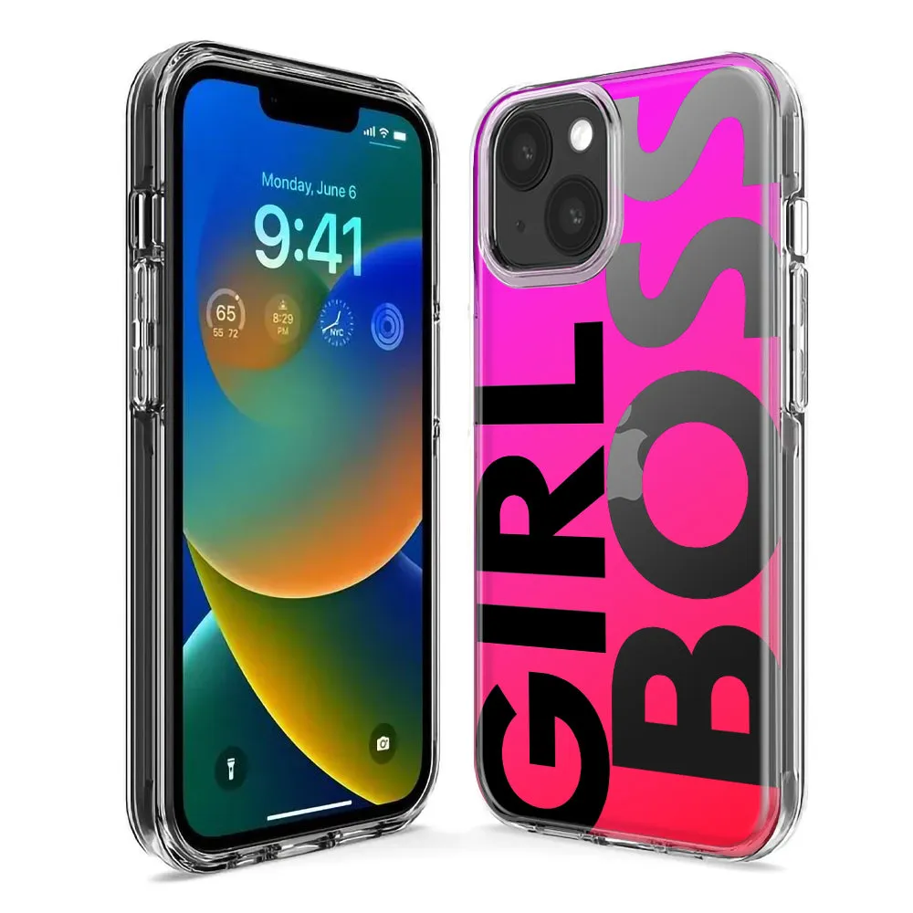 For Apple iPhone 14 Pro Max Pink Clear Funny Text Quote Girl Boss Design Hybrid Protective Phone Case Cover