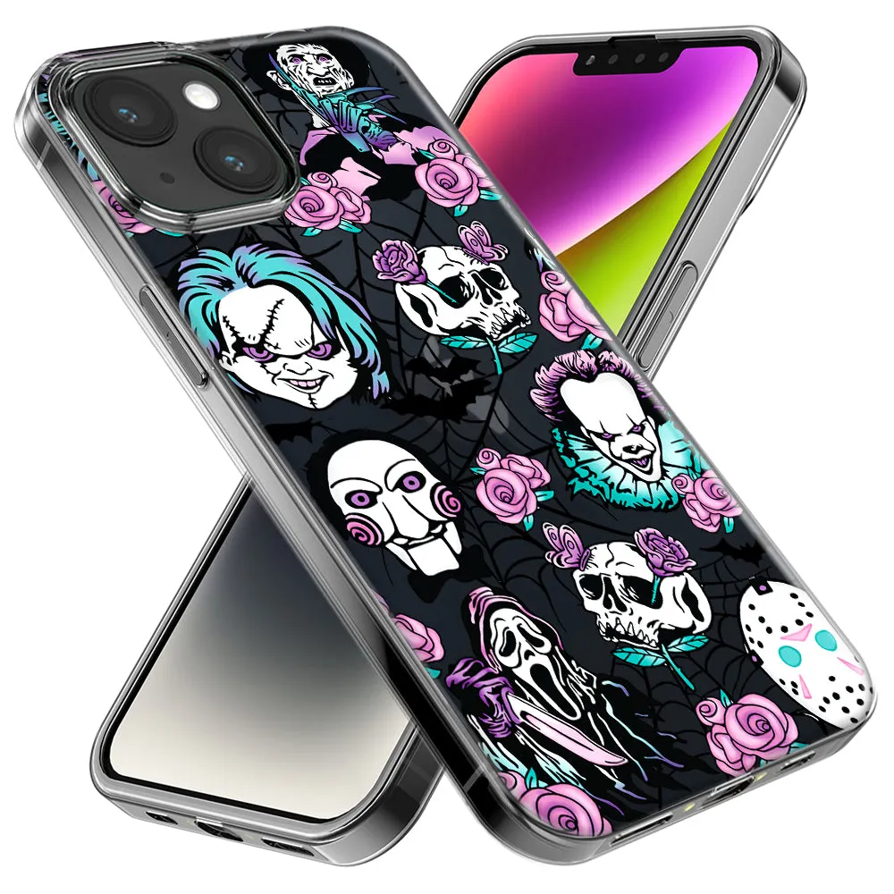For Apple iPhone 14 Pro Max Roses Halloween Spooky Horror Characters Spider Web Design Hybrid Protective Phone Case Cover