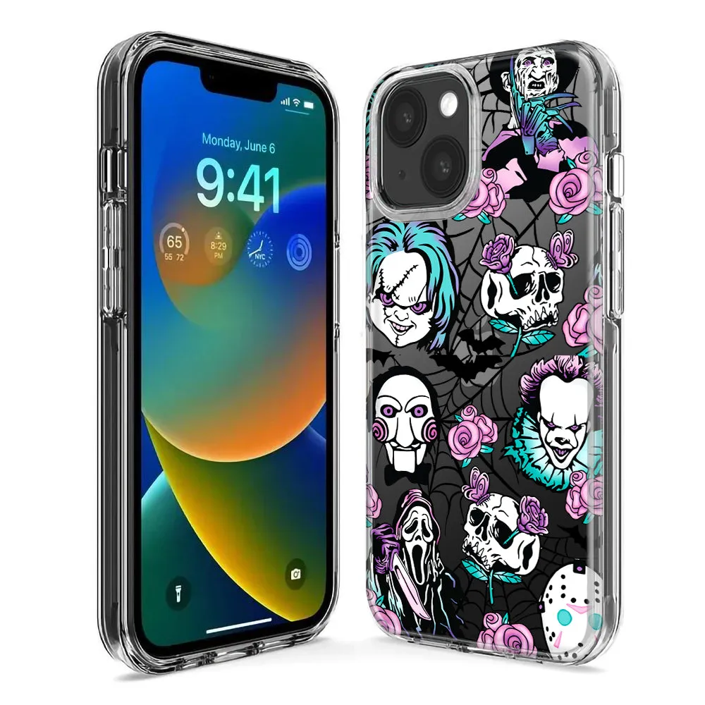 For Apple iPhone 14 Pro Max Roses Halloween Spooky Horror Characters Spider Web Design Hybrid Protective Phone Case Cover