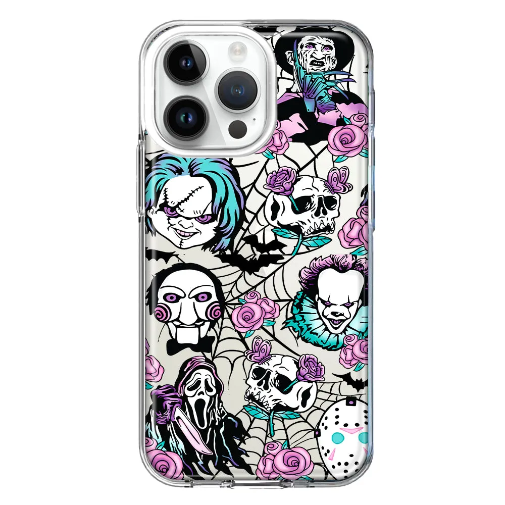 For Apple iPhone 14 Pro Max Roses Halloween Spooky Horror Characters Spider Web Design Hybrid Protective Phone Case Cover