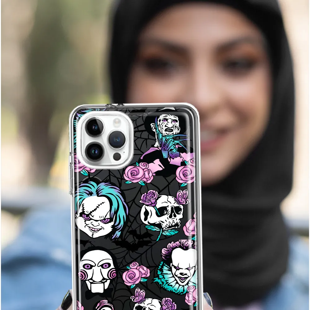 For Apple iPhone 14 Pro Max Roses Halloween Spooky Horror Characters Spider Web Design Hybrid Protective Phone Case Cover