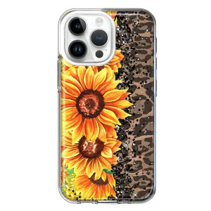 For Apple iPhone 14 Pro Max Yellow Summer Sunflowers Brown Leopard Honeycomb Design Hybrid Protective Phone Case Cover