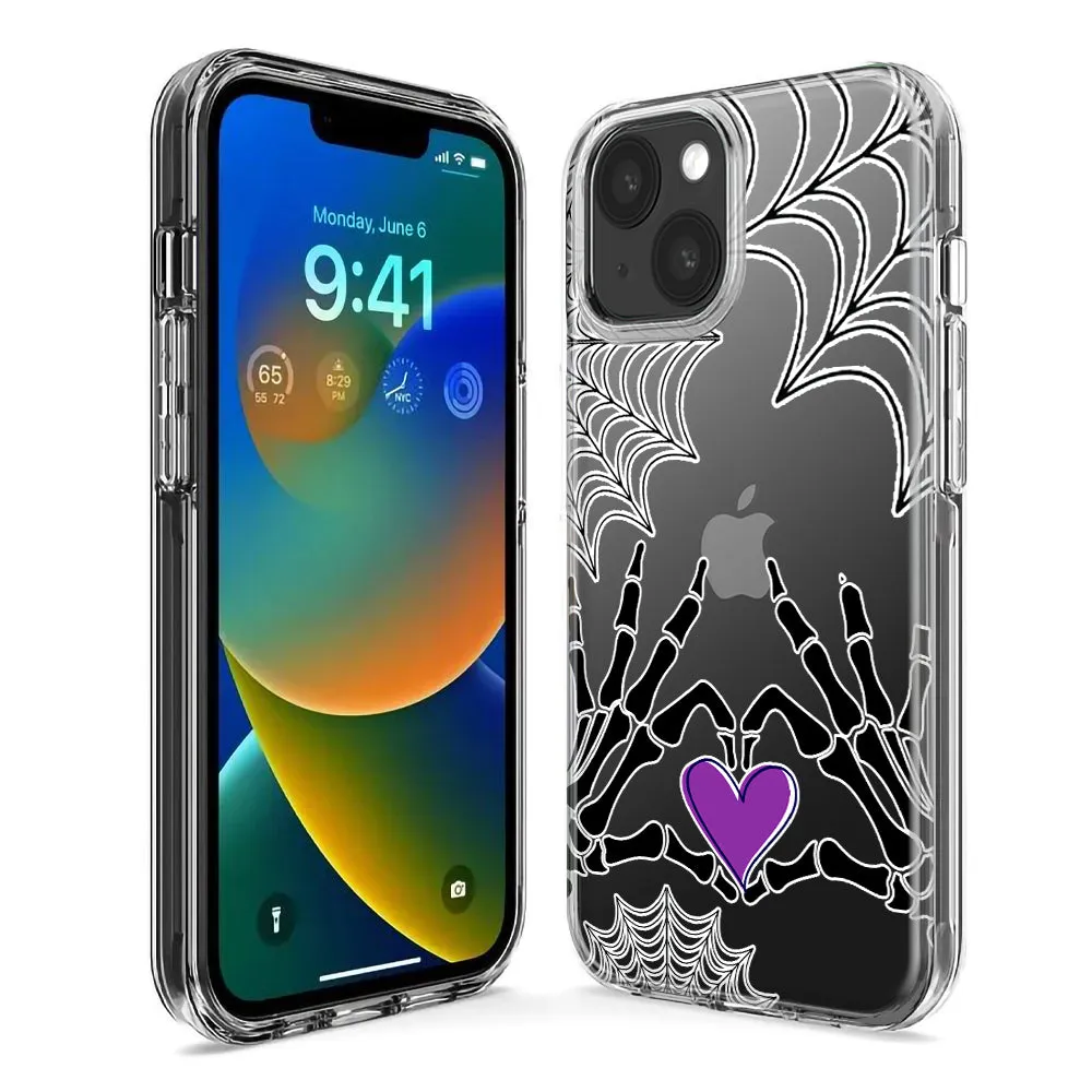 For Apple iPhone 15 Pro Halloween Skeleton Heart Hands Spooky Spider Web Design Hybrid Protective Phone Case Cover
