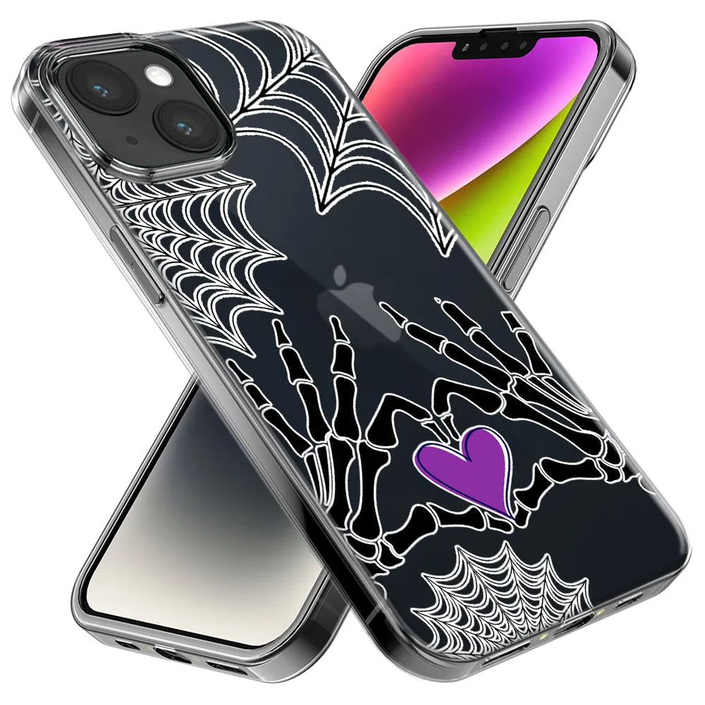 For Apple iPhone 15 Pro Halloween Skeleton Heart Hands Spooky Spider Web Design Hybrid Protective Phone Case Cover
