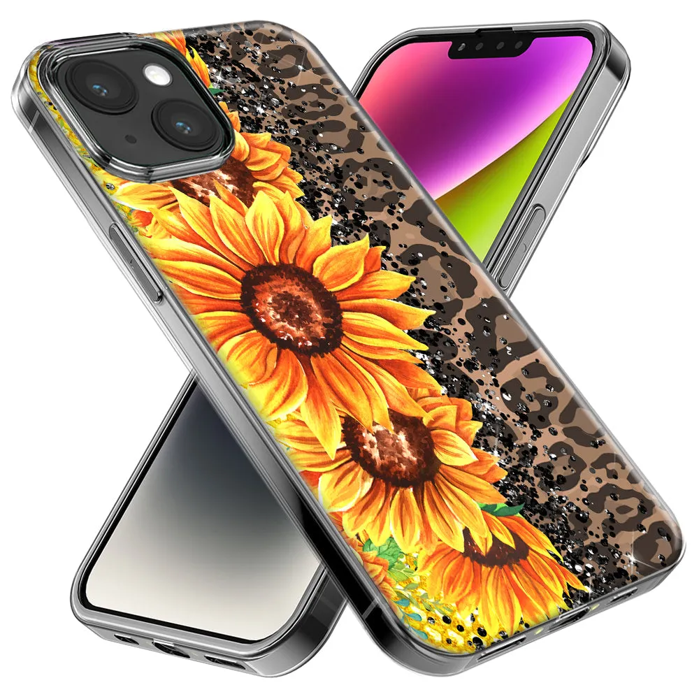 For Apple iPhone 15 Pro Yellow Summer Sunflowers Brown Leopard Honeycomb Design Hybrid Protective Phone Case Cover