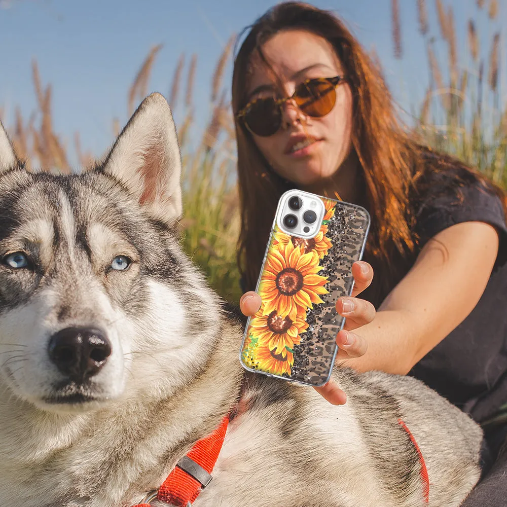 For Apple iPhone 15 Pro Yellow Summer Sunflowers Brown Leopard Honeycomb Design Hybrid Protective Phone Case Cover