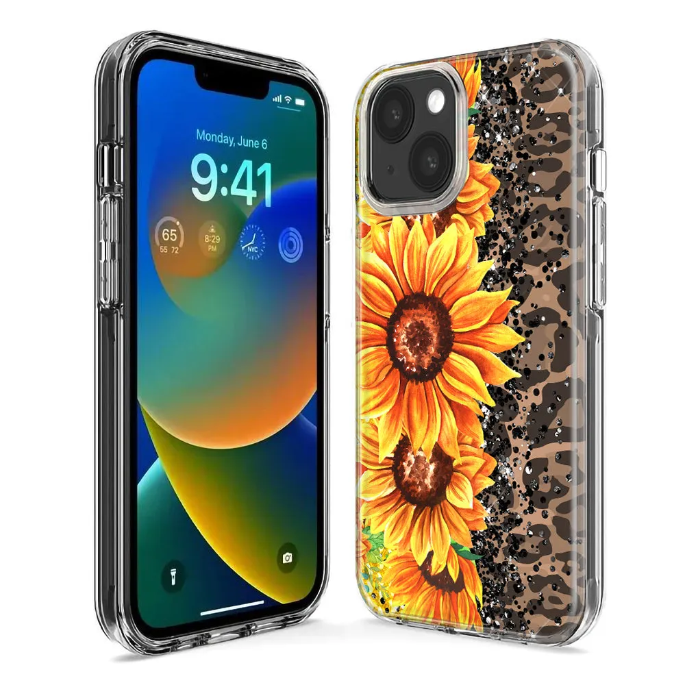 For Apple iPhone 15 Pro Yellow Summer Sunflowers Brown Leopard Honeycomb Design Hybrid Protective Phone Case Cover