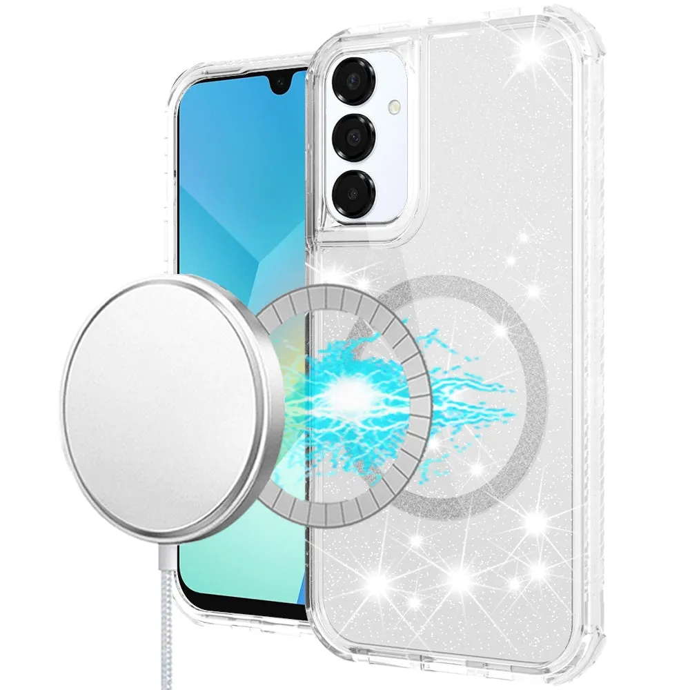 For Samsung Galaxy A16 5G Magnetic Ring Circle Glitter Bling Sparkle 3in1 Hybrid [Compatible with Magsafe] Clear Shockproof Case Cover