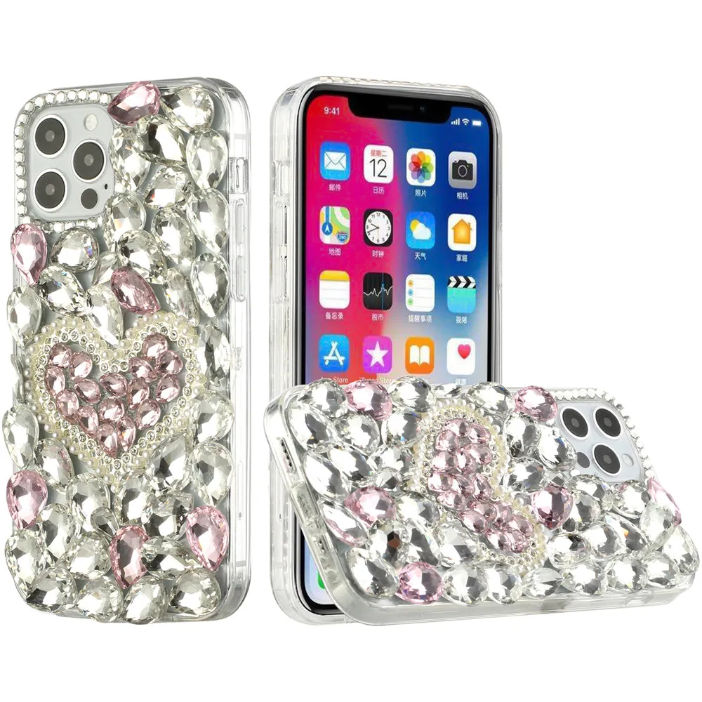 For Samsung Galaxy S21 Ultra Bling Clear Crystal 3D Full Diamonds Luxury Sparkle Rhinestone Hybrid Protective Pink Pearl Heart Phone Case Cover