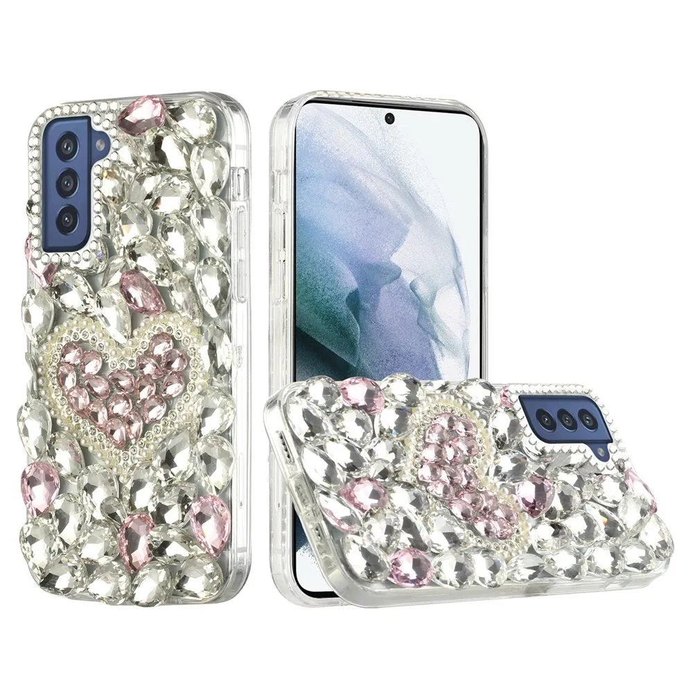 For Samsung Galaxy S21 Ultra Bling Clear Crystal 3D Full Diamonds Luxury Sparkle Rhinestone Hybrid Protective Pink Pearl Heart Phone Case Cover