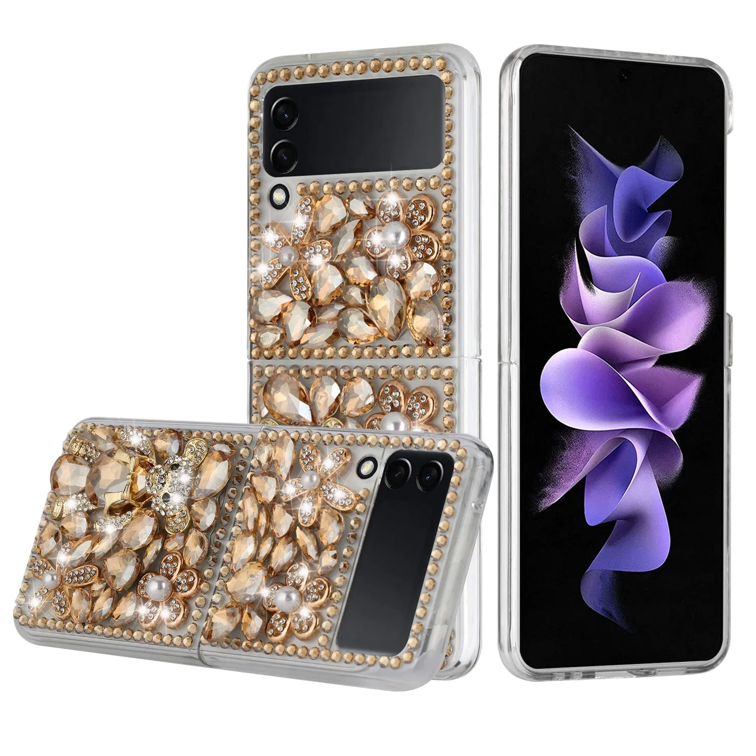 For Samsung Galaxy Z Flip 3 5G Bling Clear Crystal 3D Full Diamonds Luxury Sparkle Transparent Rhinestone Hybrid  Phone Case Cover