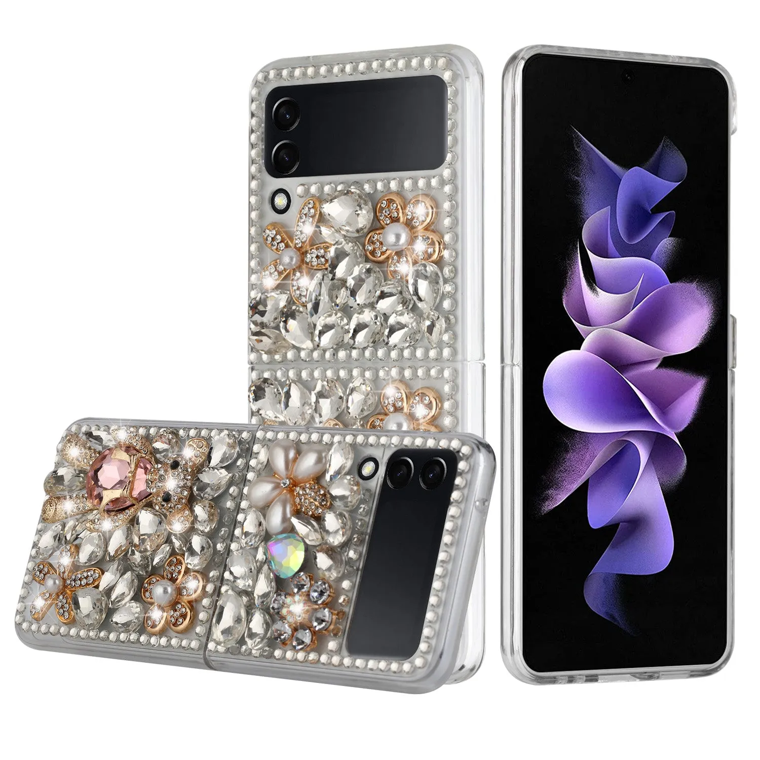 For Samsung Galaxy Z Flip 3 5G Bling Clear Crystal 3D Full Diamonds Luxury Sparkle Transparent Rhinestone Hybrid  Phone Case Cover