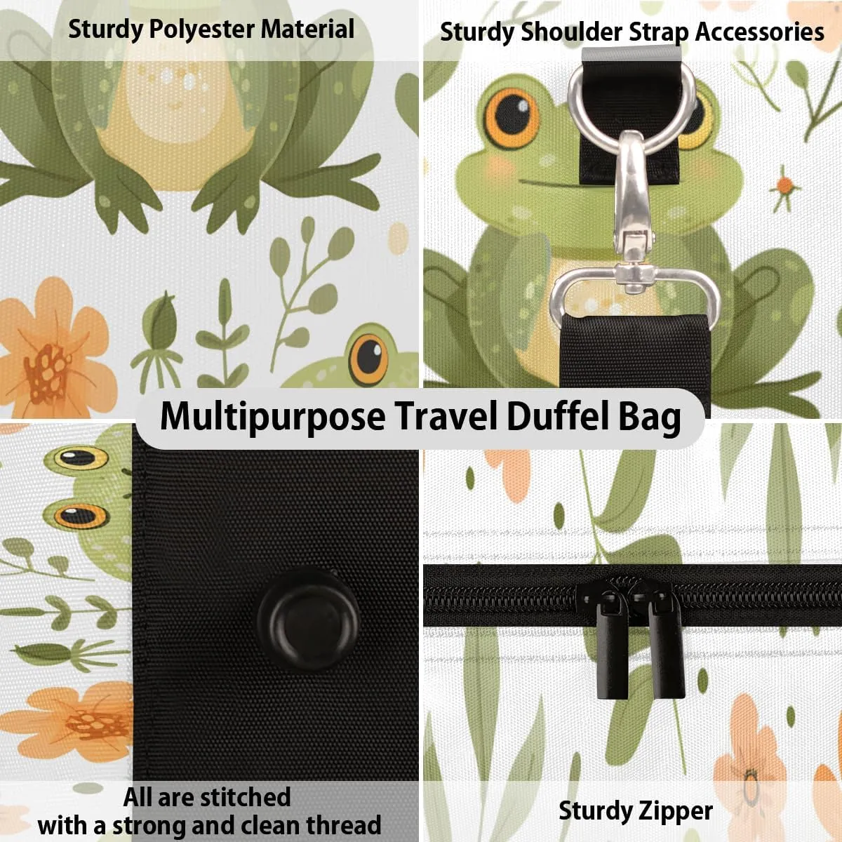 Forest Frog Travel Duffle Bag for Women Men Gym Duffel Foldable Bag Waterproof Weekender Tropical Wildflower Duffle Tote