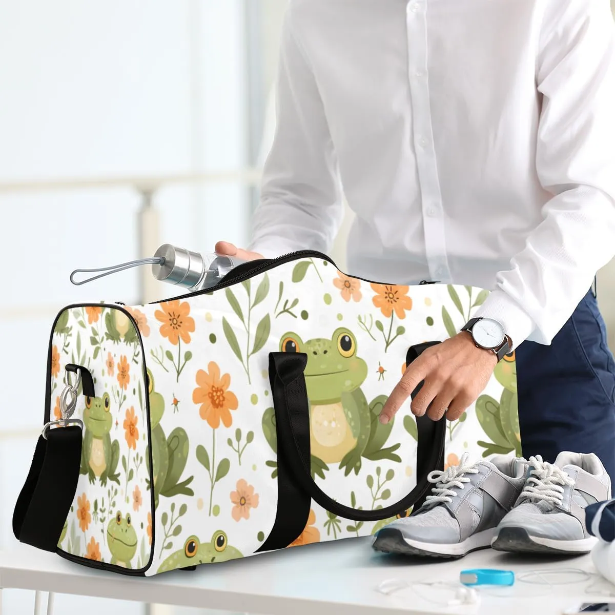 Forest Frog Travel Duffle Bag for Women Men Gym Duffel Foldable Bag Waterproof Weekender Tropical Wildflower Duffle Tote