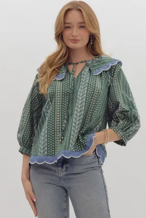 Forest Green & Blue Scallop Top