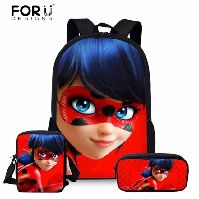 FORUDESIGNS Ladybug Girl Prints 3D School Bags Cartoon Children 3pcs/set School Backpacks Crossbody Bookbags Pencil Bag for Kids