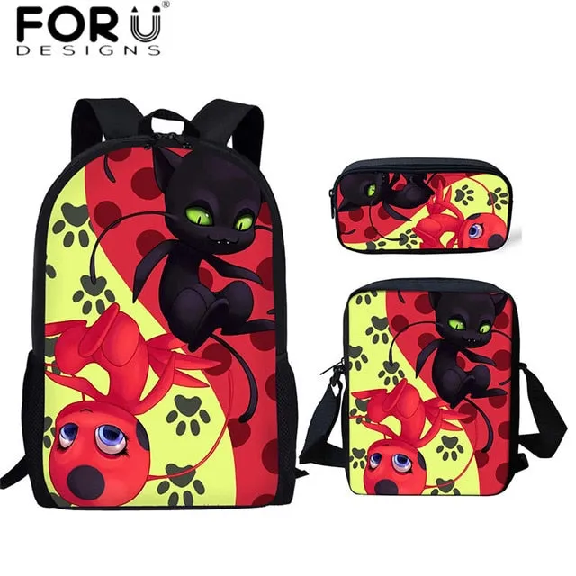 FORUDESIGNS Ladybug Girl Prints 3D School Bags Cartoon Children 3pcs/set School Backpacks Crossbody Bookbags Pencil Bag for Kids