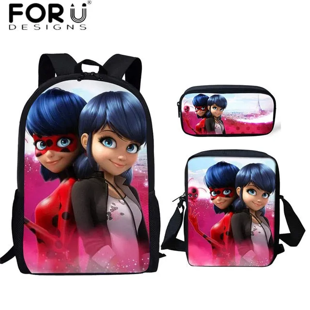 FORUDESIGNS Ladybug Girl Prints 3D School Bags Cartoon Children 3pcs/set School Backpacks Crossbody Bookbags Pencil Bag for Kids