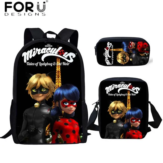 FORUDESIGNS Ladybug Girl Prints 3D School Bags Cartoon Children 3pcs/set School Backpacks Crossbody Bookbags Pencil Bag for Kids
