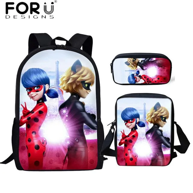 FORUDESIGNS Ladybug Girl Prints 3D School Bags Cartoon Children 3pcs/set School Backpacks Crossbody Bookbags Pencil Bag for Kids