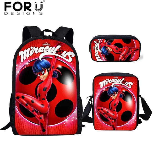 FORUDESIGNS Ladybug Girl Prints 3D School Bags Cartoon Children 3pcs/set School Backpacks Crossbody Bookbags Pencil Bag for Kids