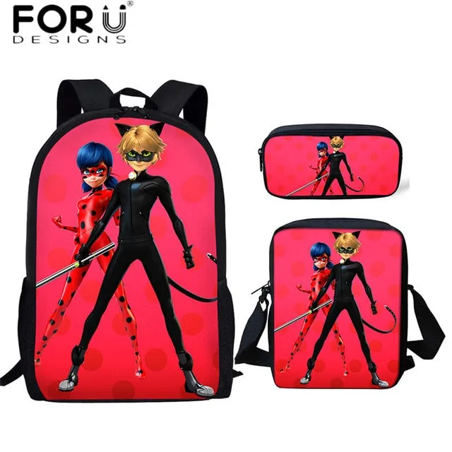 FORUDESIGNS Ladybug Girl Prints 3D School Bags Cartoon Children 3pcs/set School Backpacks Crossbody Bookbags Pencil Bag for Kids