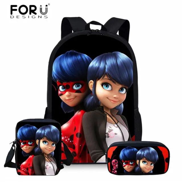 FORUDESIGNS Ladybug Girl Prints 3D School Bags Cartoon Children 3pcs/set School Backpacks Crossbody Bookbags Pencil Bag for Kids