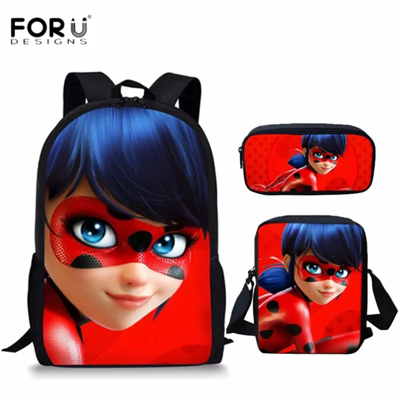 FORUDESIGNS Ladybug Girl Prints 3D School Bags Cartoon Children 3pcs/set School Backpacks Crossbody Bookbags Pencil Bag for Kids