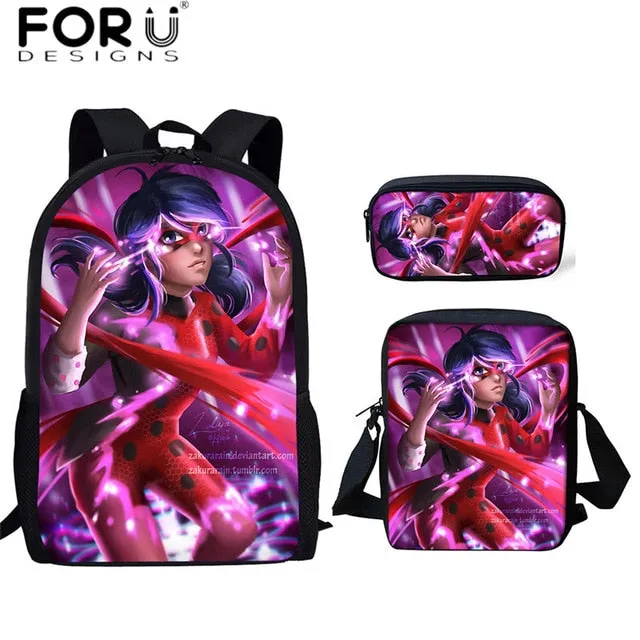 FORUDESIGNS Ladybug Girl Prints 3D School Bags Cartoon Children 3pcs/set School Backpacks Crossbody Bookbags Pencil Bag for Kids