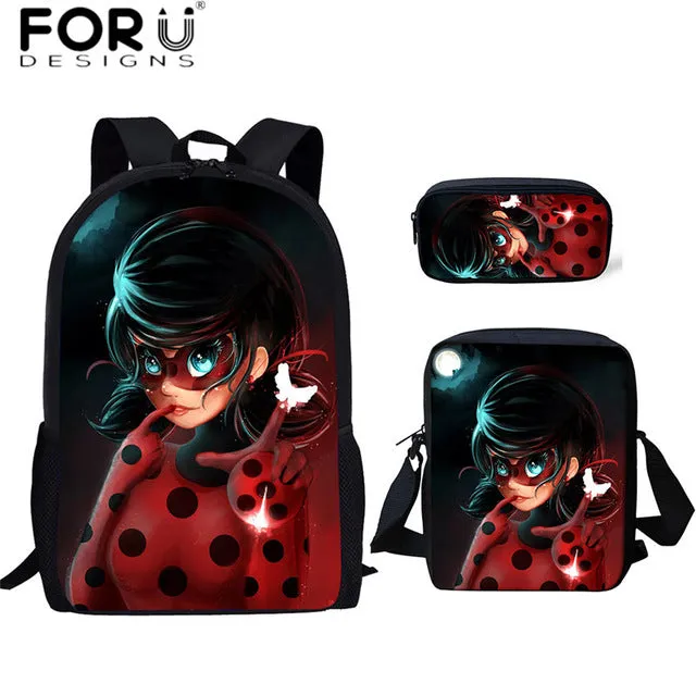 FORUDESIGNS Ladybug Girl Prints 3D School Bags Cartoon Children 3pcs/set School Backpacks Crossbody Bookbags Pencil Bag for Kids